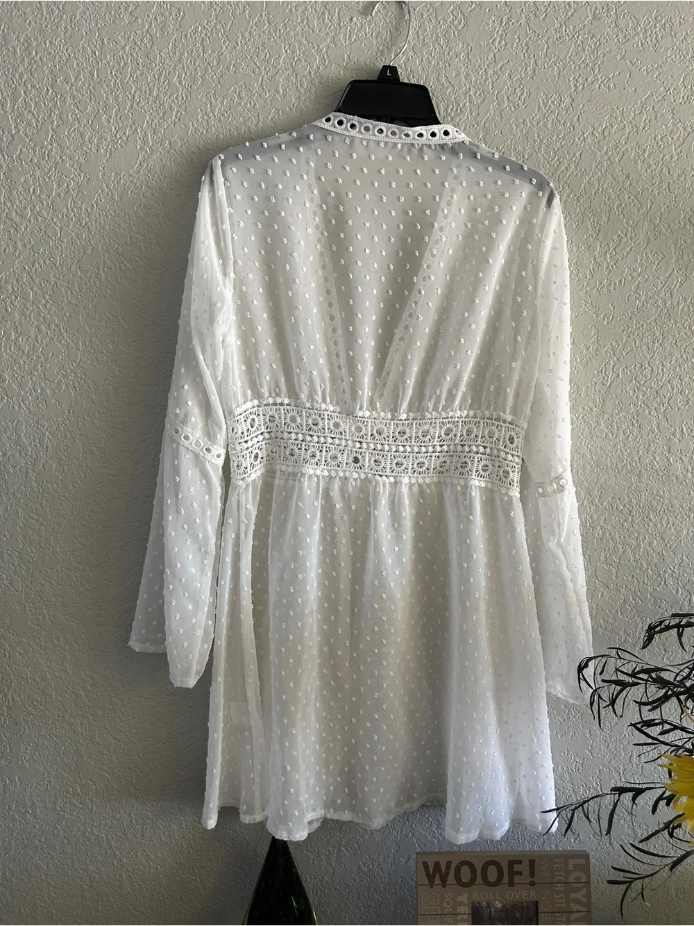 White Sheer Swiss Dot Crochet Tie-Front Swim Coverup